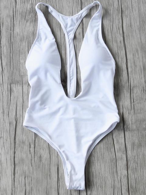 White Plunge Neck One-piece Swimwear