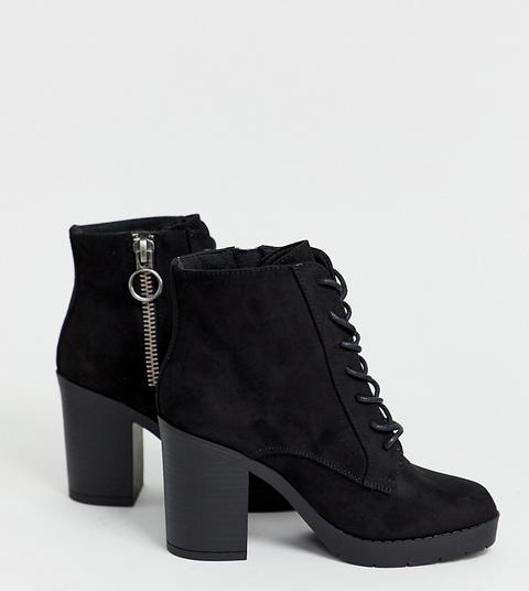 New Look - Stivali Stringati Neri In Pelle Scamosciata Con Tacco E Pianta Larga - Nero