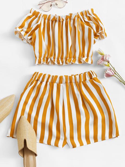 Off Shoulder Striped Crop Top With Shorts