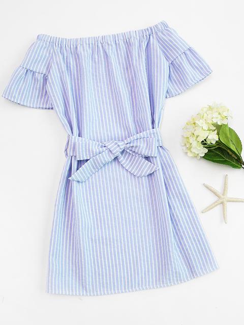 Off Shoulder Vertical Striped Self Tie Waist Dress