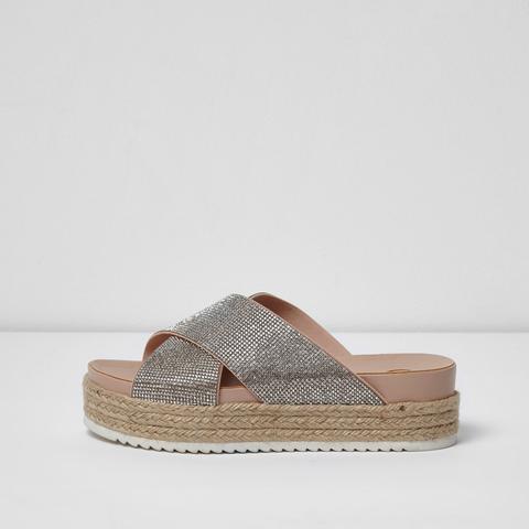 Beige Embellished Espadrille Flatform Sandals