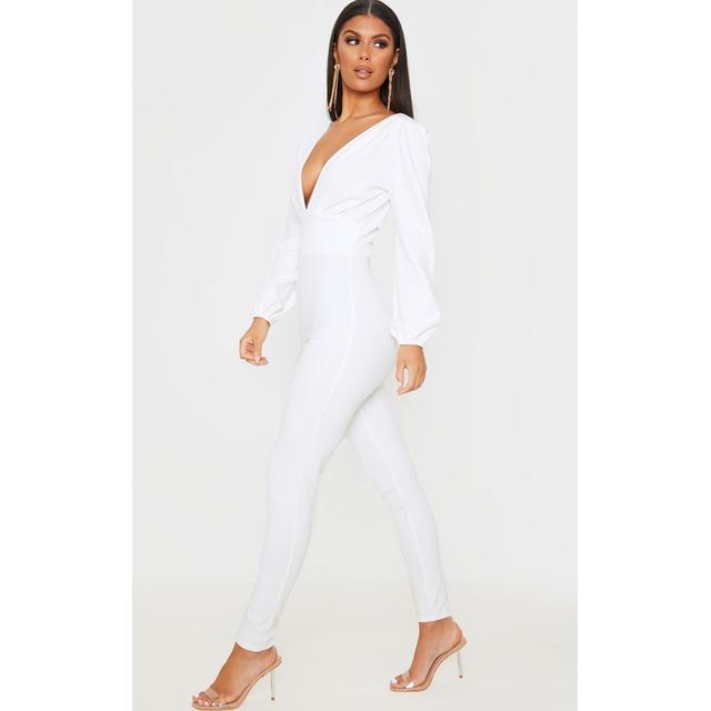 White Plunge Balloon Sleeve Jumpsuit 