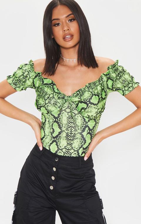 Green Snake Bardot Frill Detail Bodysuit, Green