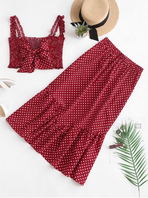 Conjunto De Falda Y Top Anudado Lunares De Lunares Estampados Red Wine