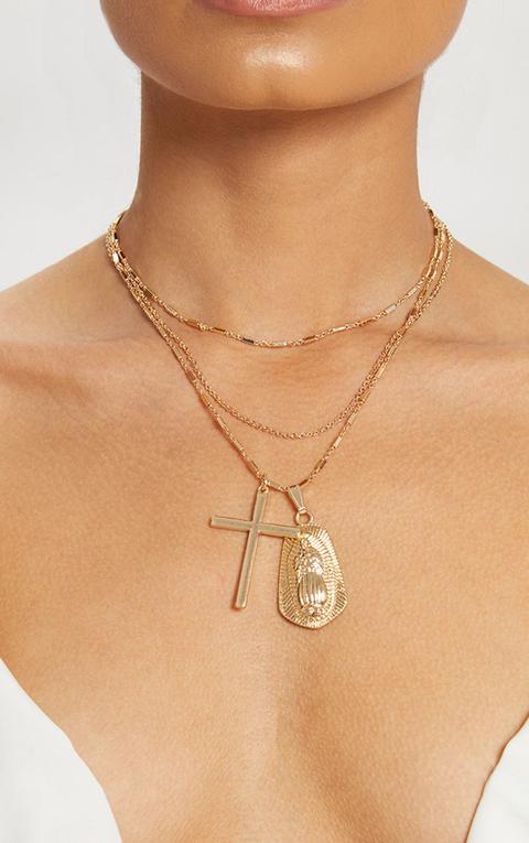 Gold Renaissance Drop Pendant Cross Layered Necklace