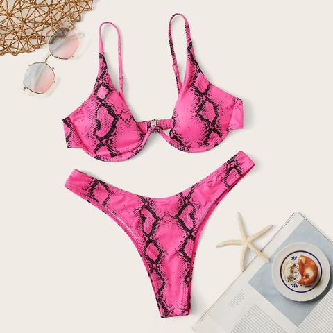 Set Bikini A Collo Alto Con Stampa Effetto Serpente E Taglio Alto