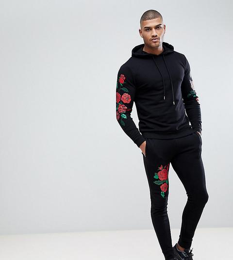 Asos Tall - Tuta Nera Con Felpa Con Cappuccio E Joggers Skinny Con Stampa Di Rose Ricamate - Nero