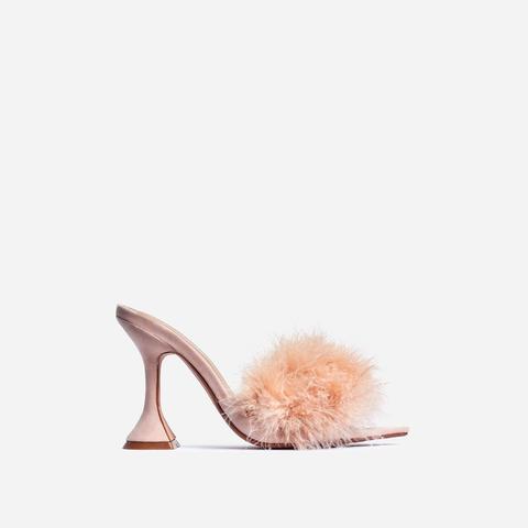 Marilyn Faux Feather Pointed Toe Sculptured Heel Mule In Nude Faux Suede, Nude