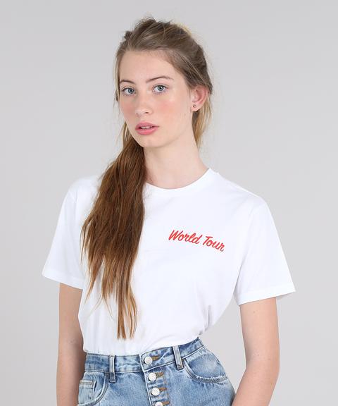 T-shirt Feminina Mindset "world Tour" Manga Curta Decote Redondo Off White