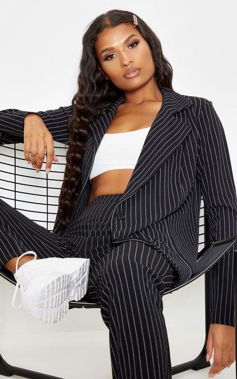 Black Pinstripe Double Breasted Blazer, Black