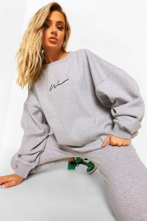 Womens Oversized Woman Embroidered Jumper Tracksuit - Grey - S, Grey