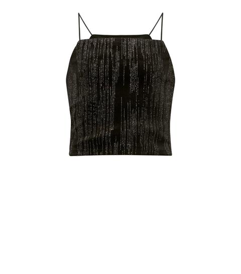 Girls Black Glitter Stripe Velvet Cami New Look