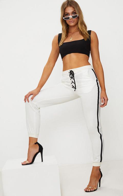 White Contrast Side Stripe Lace Up Front Jogger, White