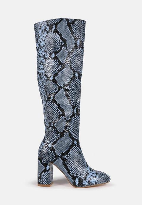 Blue Snake Knee High Mid Heel Boots, Blue from Missguided on 21 Buttons