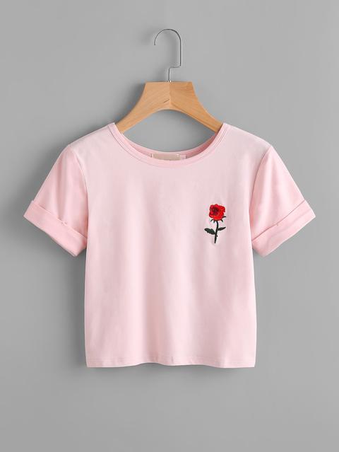 Rose Embroidered Cuffed Tee