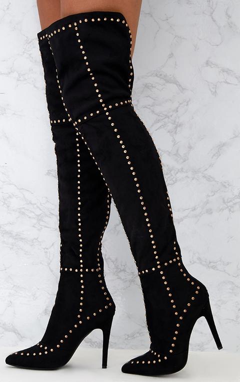 Black Faux Suede Studded Thigh High 