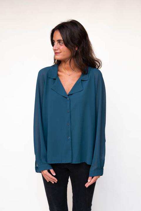 Blusa Cuello Solapa Azul Petróleo