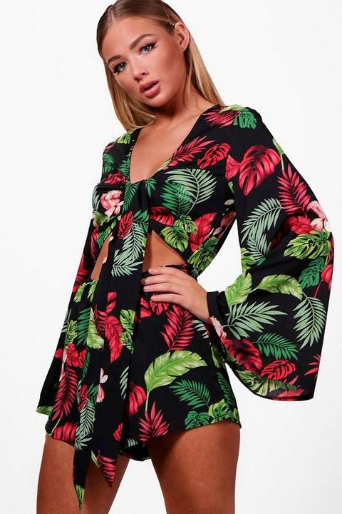 Tropical Tie Front Flare Sleeve Playsuit