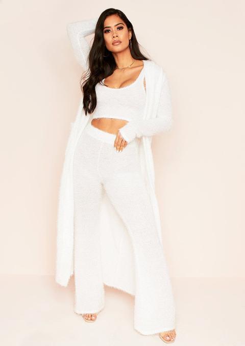 Kara White Fluffy Knit Pocket Front Maxi Cardigan