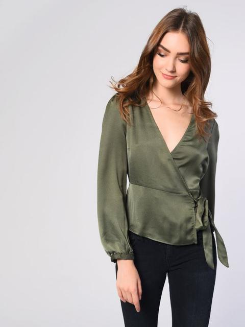 Khaki Satin Wrap Blouse