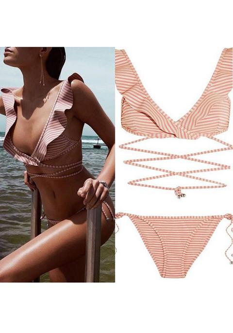 Costumi Da Bagno Bikini Bikini Due Pezzi Braccialetto A Profili A Righe A Righe In V-collo Bianco Rosa