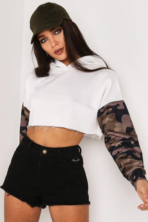 White Cropped Sweatshirt With Khaki Camo Sleeves