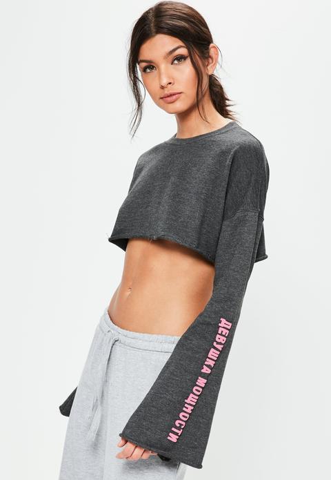 Grey Graphic Sleeve Print Cropped Sweatshirt