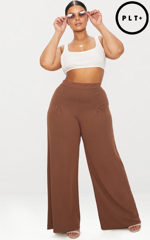 Plus Brown Pleat Front Wide Leg Trousers