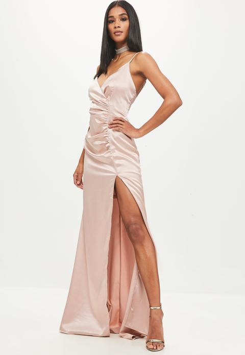 Gold Satin Ruched Split Maxi Dress