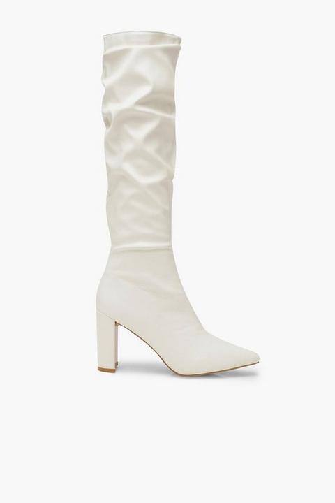 Womens Block Heel Rouched Knee Boots - White - 6, White