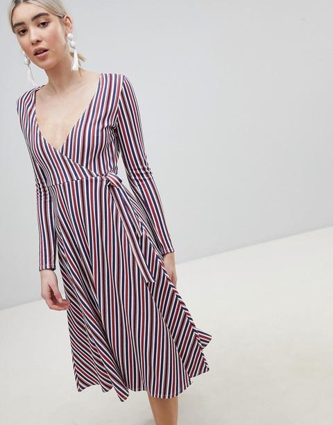 Vestido Midi Con Diseño Cruzado A Rayas De Boohoo