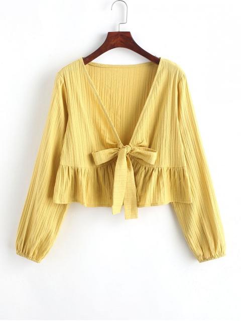 Blusa Recortada Cuello V Dobladillo Anudado Pastel Blue White Black Goldenrod Green Red Wine