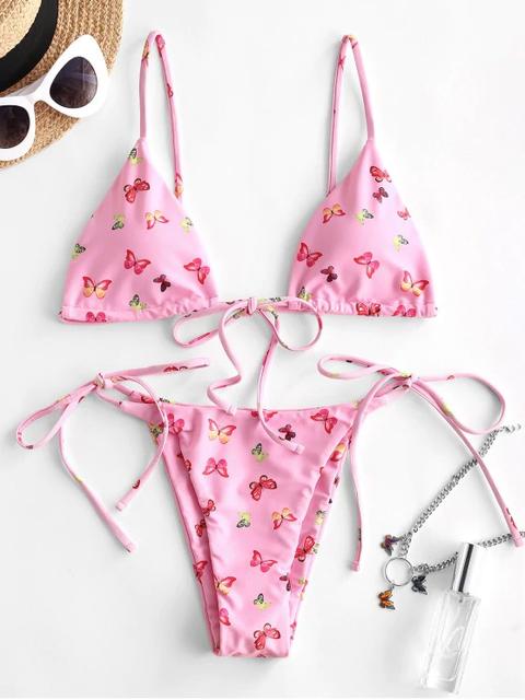 Zaful Butterfly Print Tie String Bikini Swimwear Light Blue Pink White