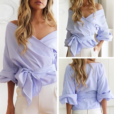 Camicetta Pianura Cintura Manica Lunga Cotone Moda Blu