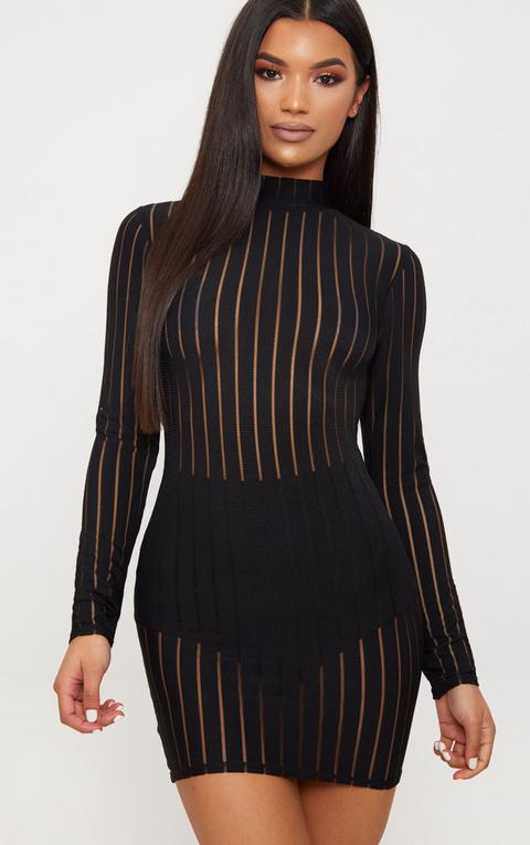 Black Striped Mesh High Neck Bodycon Dress