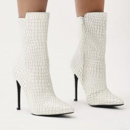 Chile Asymmetric Pointed Toe Ankle Boots In White Faux Snake