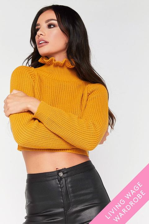 Cordelia Mustard Ruffle Neck Cropped Knitted Jumper