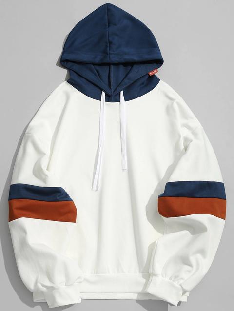 Felpa Con Cappuccio A Blocchi Di Colore Con Tasche Orange White Blue Dark Khaki Mustard Green