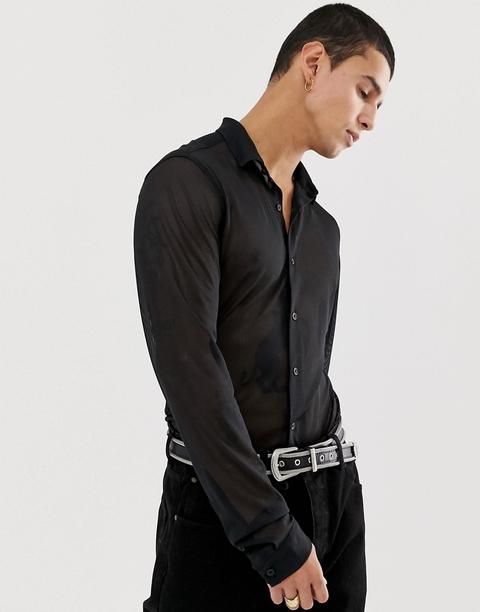 Asos Design - Camicia Slim Nera A Rete - Nero