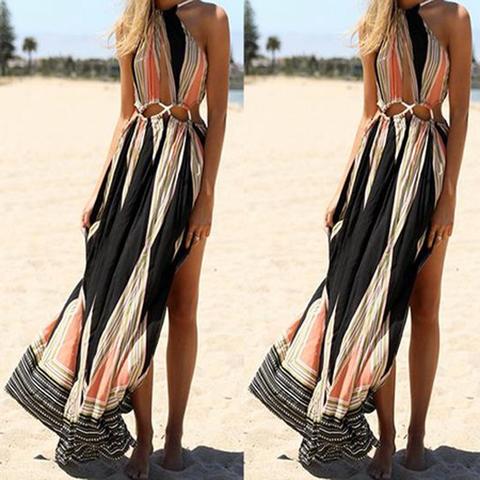 Maxi Abito Estate Trible Africano Stampato Senza Maniche Backless Fuori Spalla Tagliato Spacco Sexy Boho