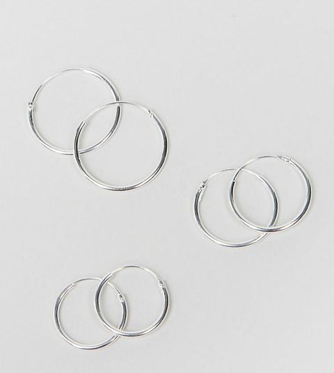 Asos Design - Set Da 3 Orecchini A Cerchio In Argento Sterling - Argento