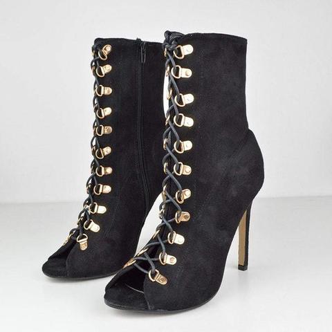 Janey - Lace Up Open Toe Ankle Boots In Black