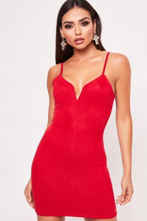 Leigh Red Suede V Bar Bodycon Mini Dress