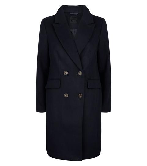 Navy Double Breasted Longline Coat New Look