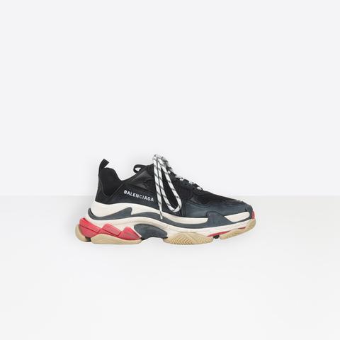 Sneaker Triple S Noire, Blanche Et Rouge En Cuir De Veau, Cuir D'agneau Et Maille