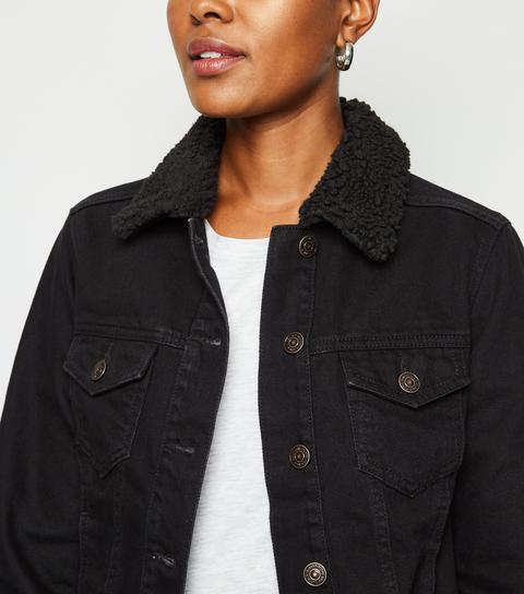Black Borg Collar Denim Jacket New Look 