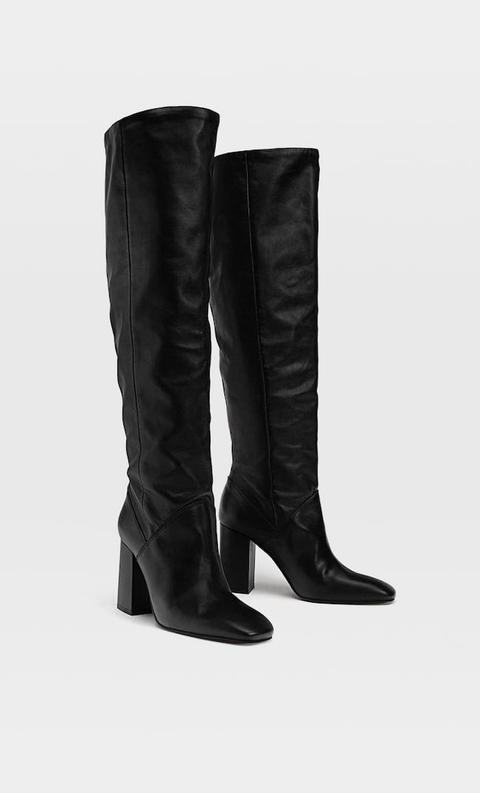 Stradivarius Bottes À Talon En Cuir Femme Noir 35
