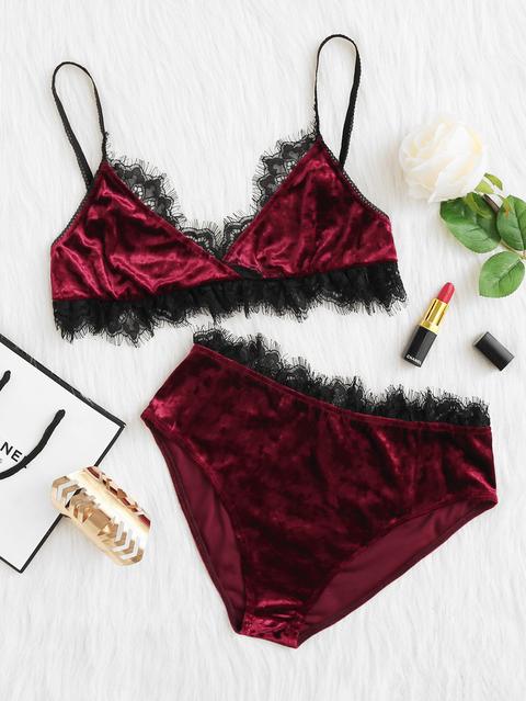 Eyelash Lace Surplice Wrap Bra & Panty Lingerie Set