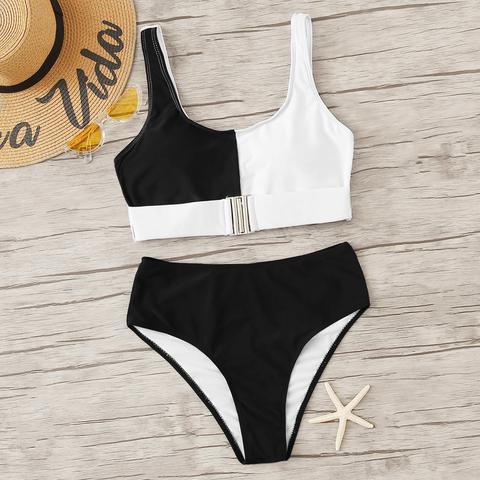 Set Bikini A Vita Alta Con Blocchi Colori E Fibbia