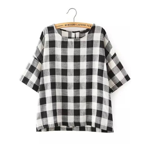 Black White Round Neck Plaid Loose Blouse